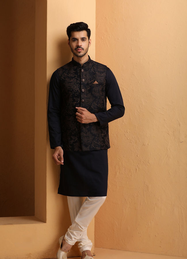 Dark Blue Floral Design Kurta Jacket Set image number 0